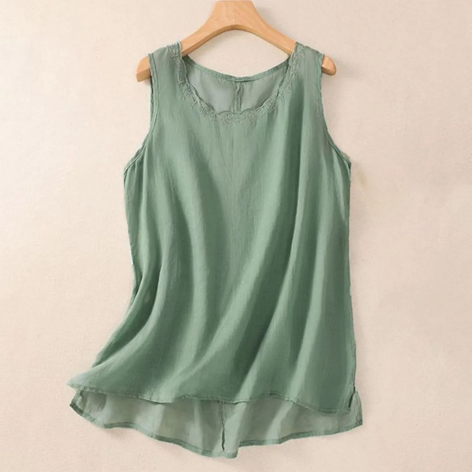 Cute Floral Embroidered Trim Cami Tops Women Summer Cotton Linen Sleeveless V Neck T Shirts Casual Beach T Shirts Undershirts