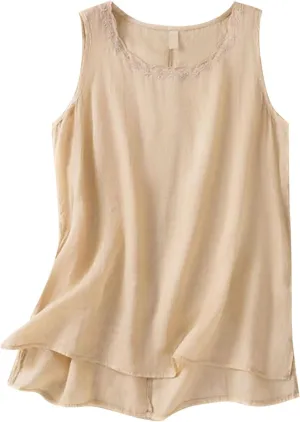 Cute Floral Embroidered Trim Cami Tops Women Summer Cotton Linen Sleeveless V Neck T Shirts Casual Beach T Shirts Undershirts