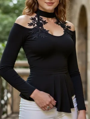 WrinkleFree Weave UV Protective Layer Cutout Off-the-Shoulder Applique Slim-Fit Top