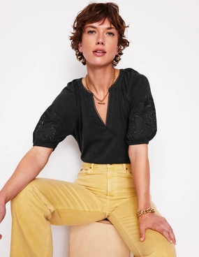 Cutwork Notch Neck Top-Black BrushedInnerSurface Classic Hoodie