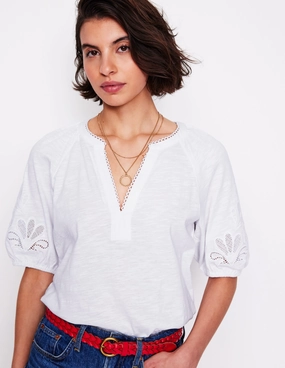 Durable Reinforced Elbow Patches Relaxed Tee Cutwork Notch Neck Top-White