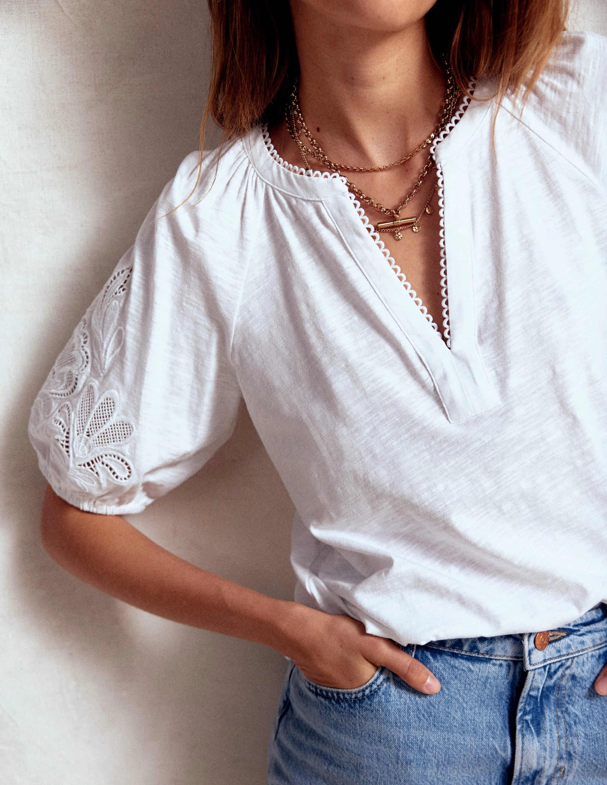 Cutwork Notch Neck Top-White Bonded Seam Innovation