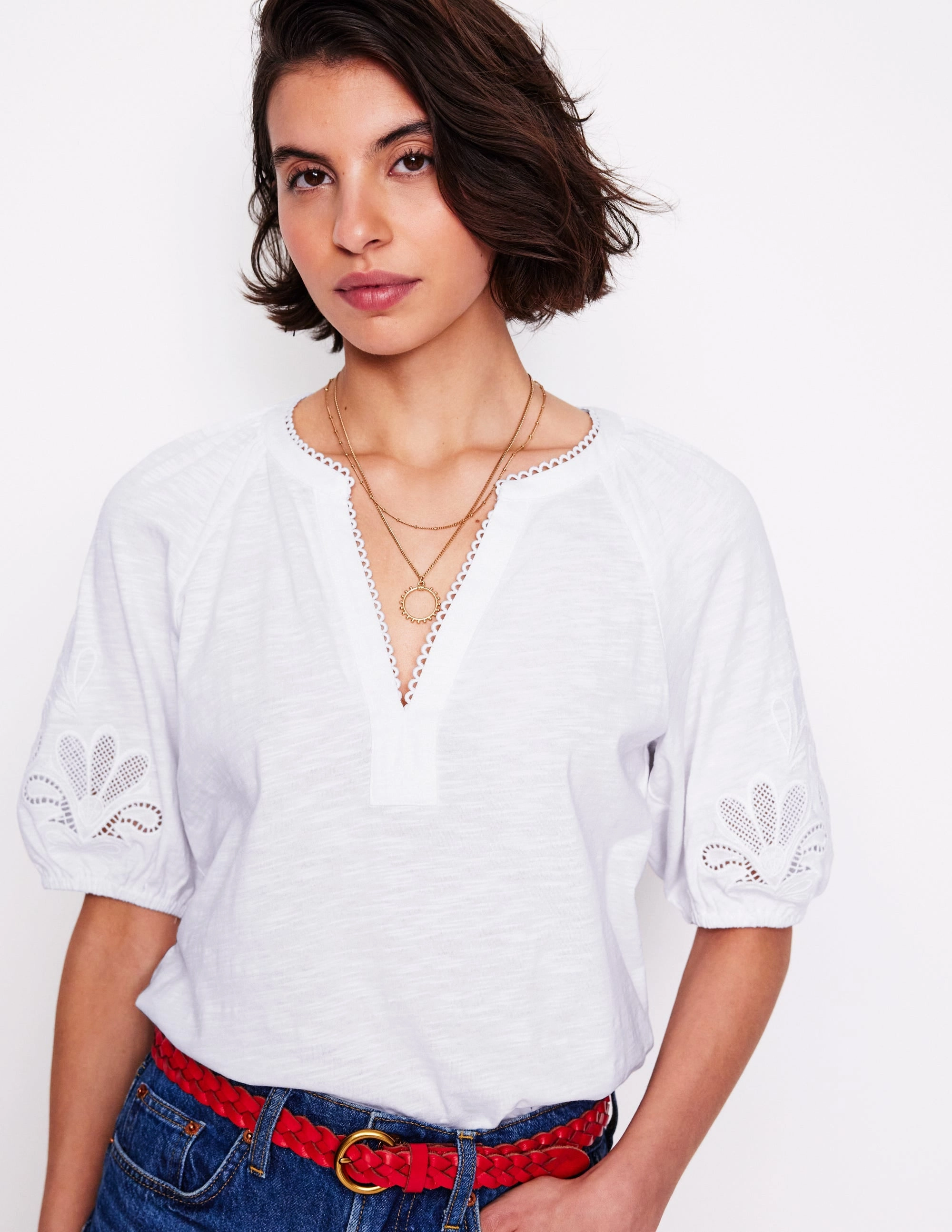 Durable Reinforced Elbow Patches Relaxed Tee Cutwork Notch Neck Top-White