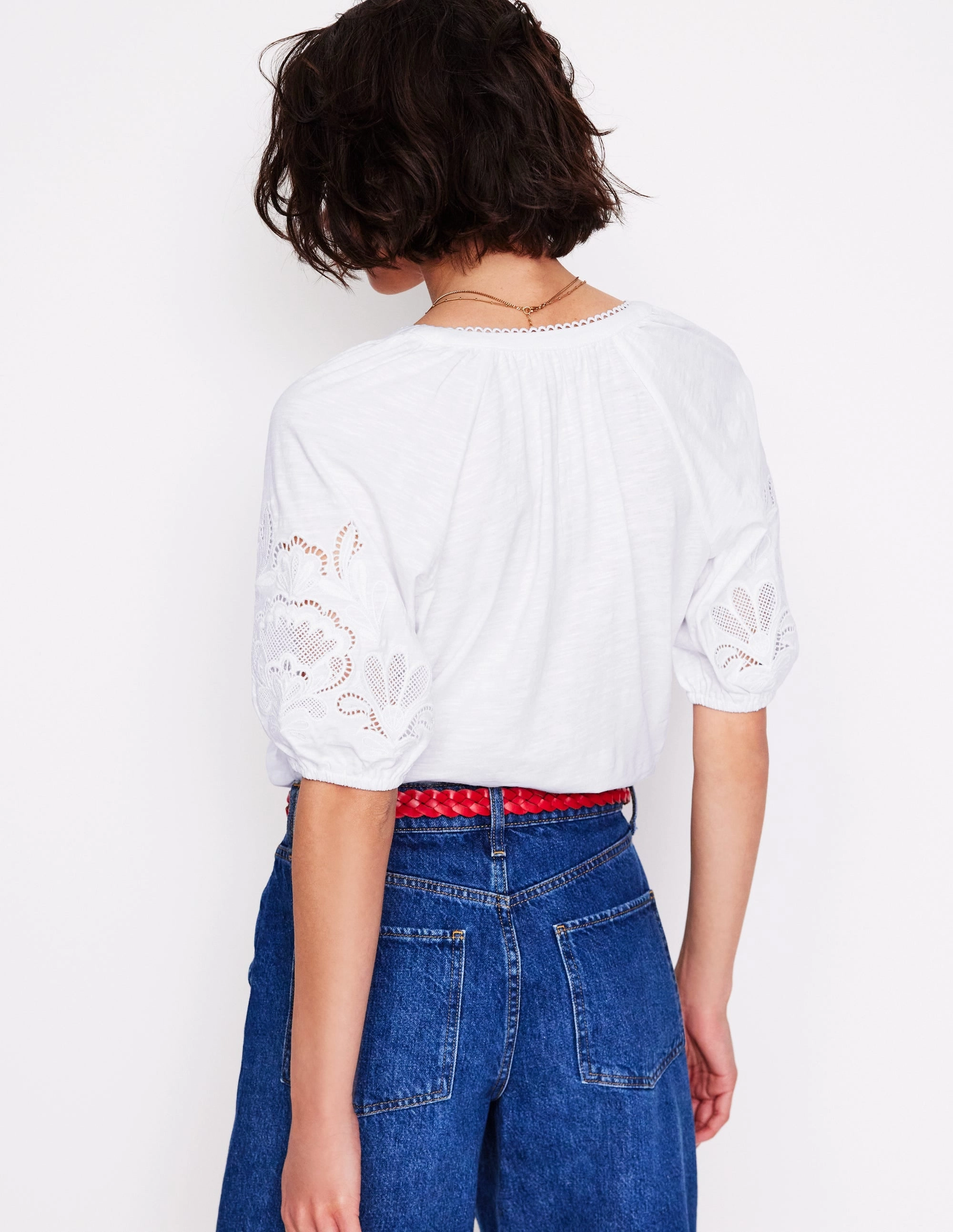 Cutwork Notch Neck Top-White MinimalistStyle Office Attire