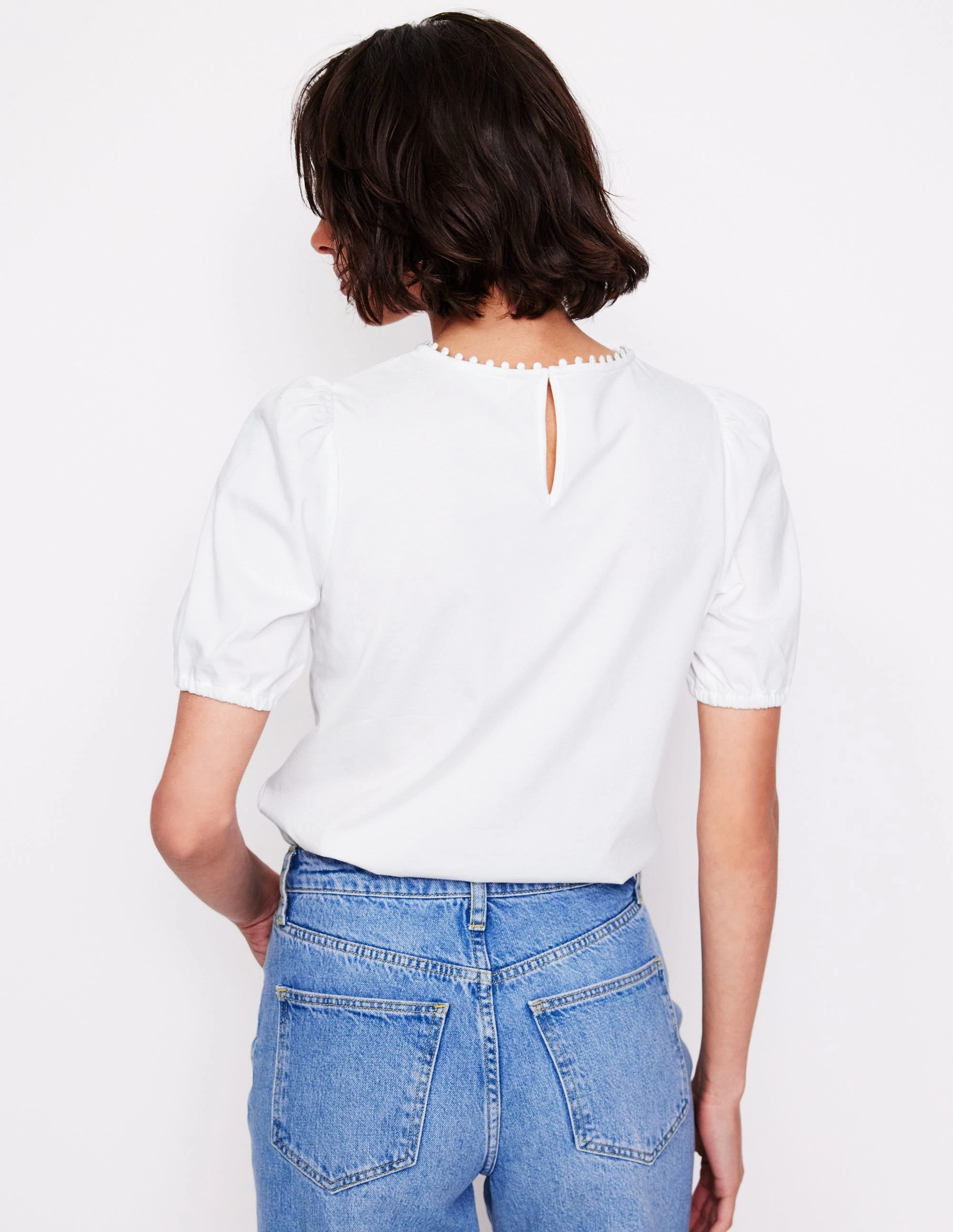 FrictionResistant Trim Multipanel Construction Cutwork Puff Sleeve T-Shirt-White