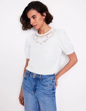 Thermal Insulation Cutwork Puff Sleeve T-Shirt-White