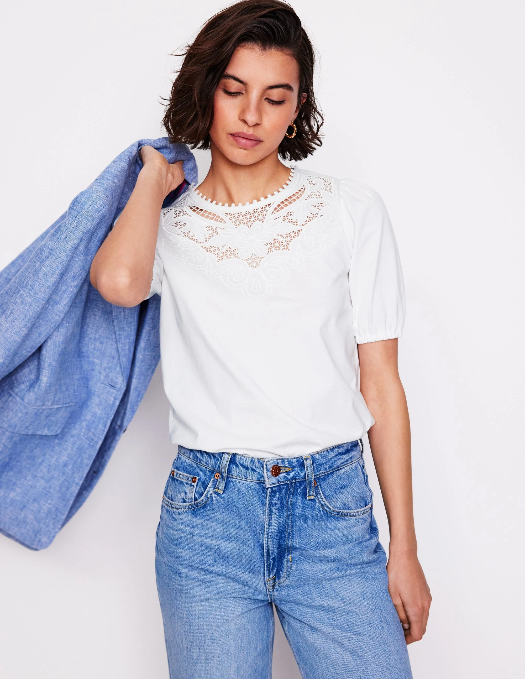 Cutwork Puff Sleeve T-Shirt-White Machine Washable Fabric