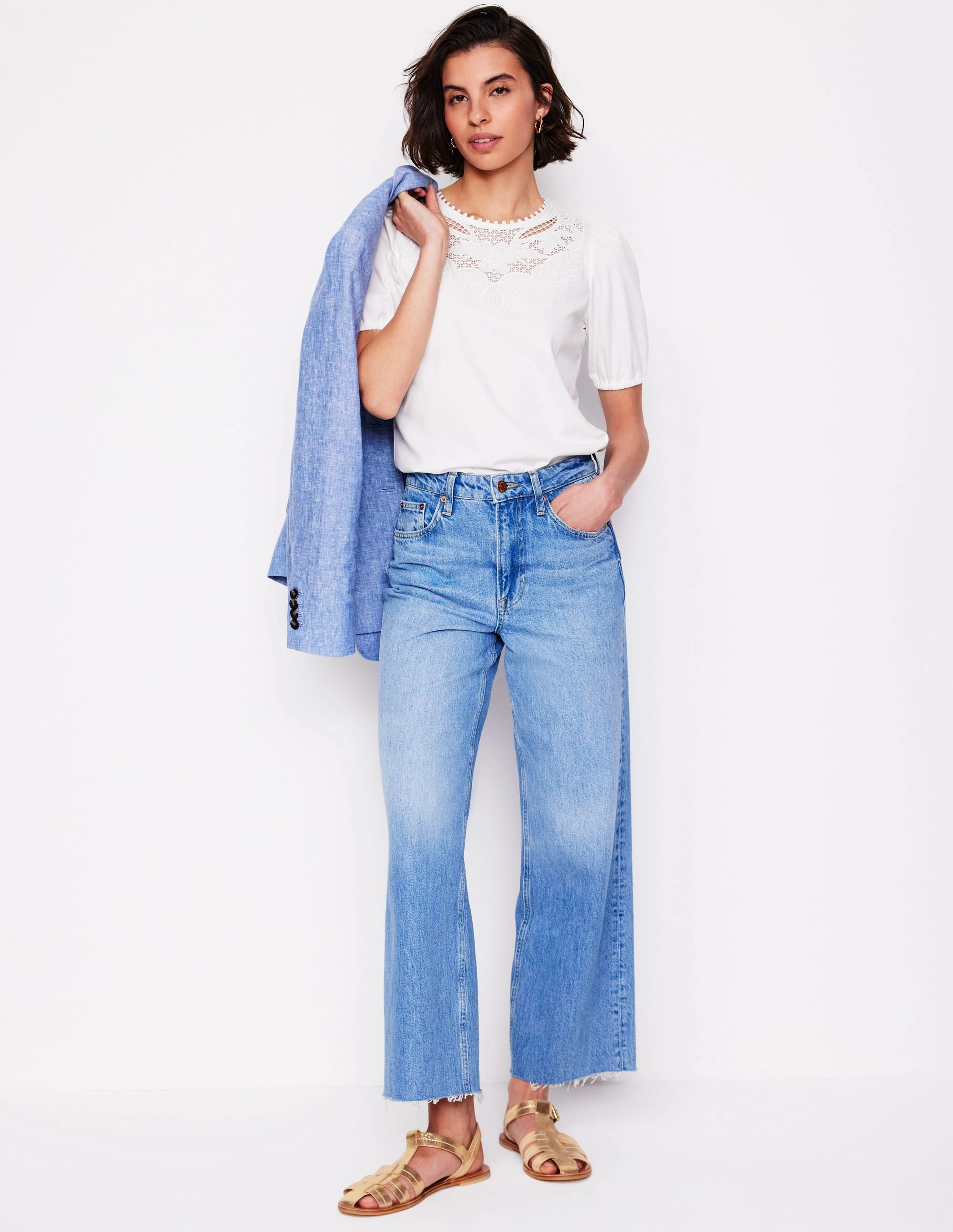 Cutwork Puff Sleeve T-Shirt-White Non Chafe Armholes