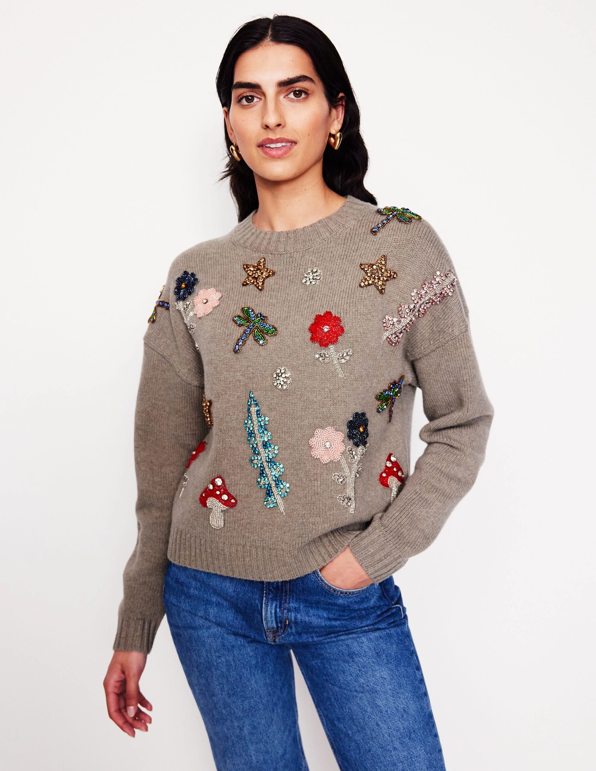 Garment Dyed Process Embellished Jumper-Mink Melange