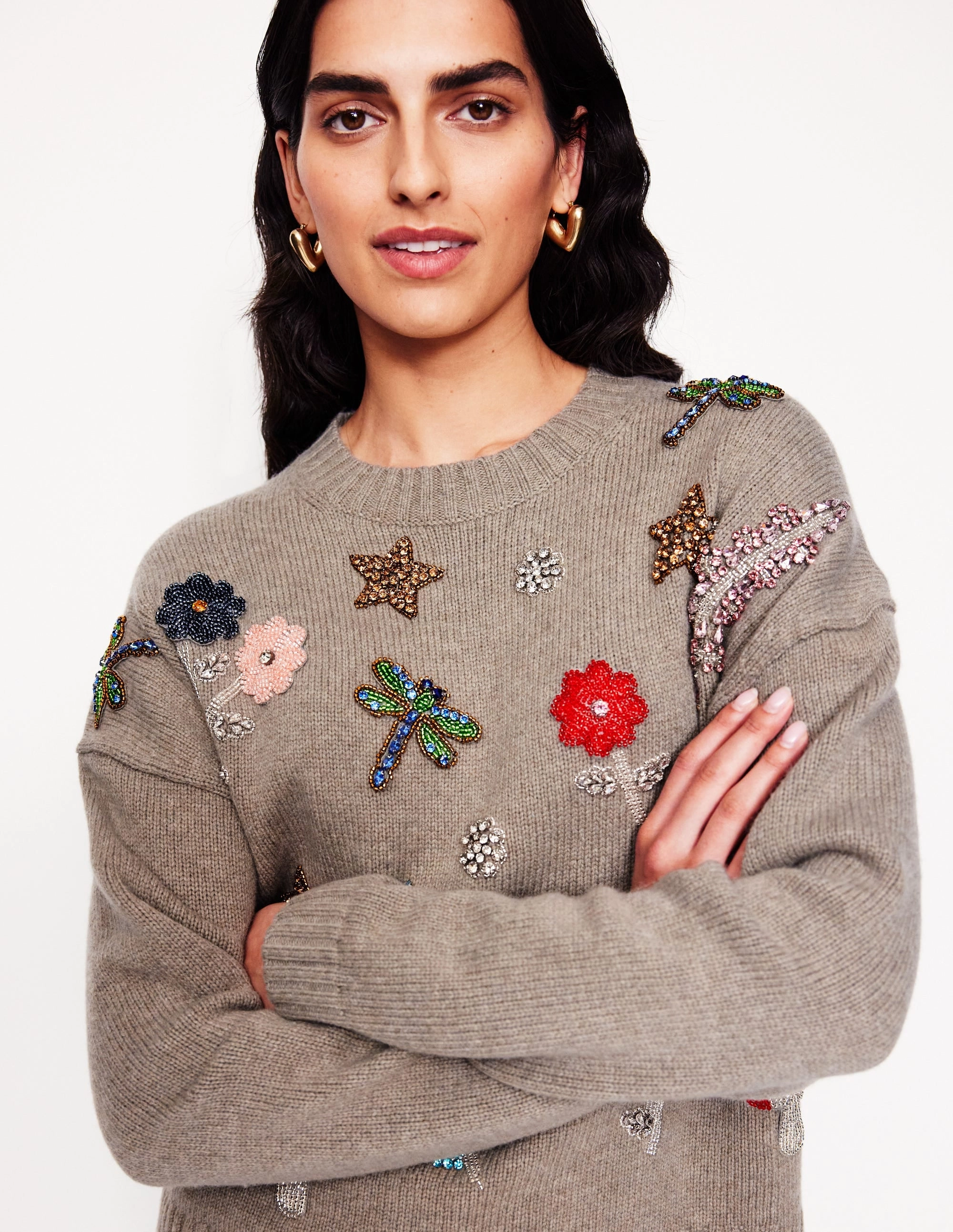 Office Friendly Travel Warmth Embellished Jumper-Mink Melange