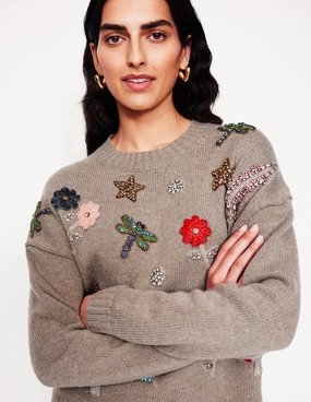 Office Friendly Travel Warmth Embellished Jumper-Mink Melange