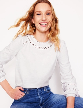Non Restrictive Fit FlexibleWaistband Daisy Long Sleeve Top-White