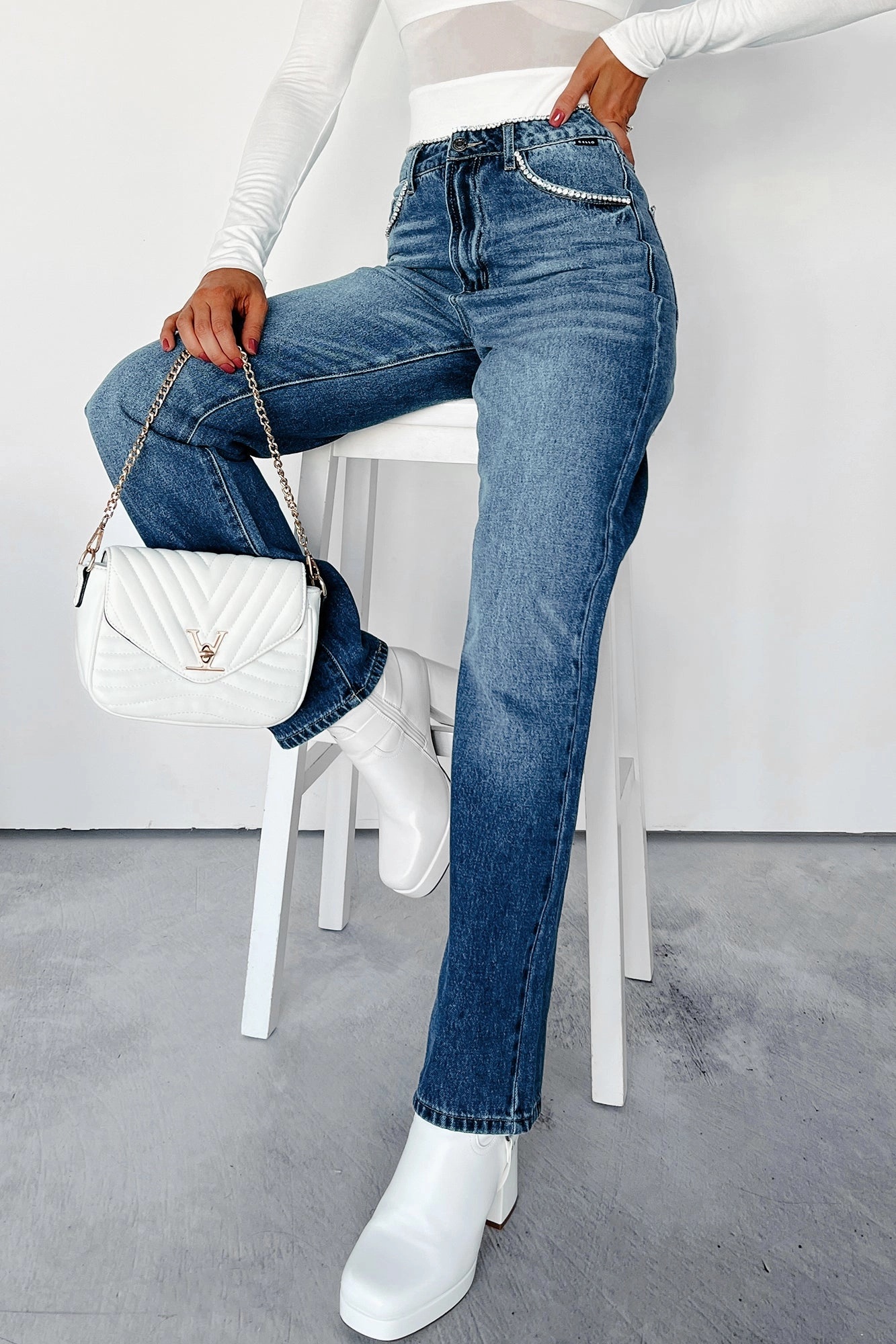 Roomy Shape Danson Rhinestone Embellished Cello Dad Jeans (Dark)