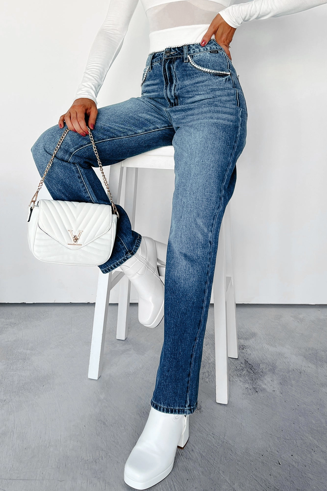 Danson Rhinestone Embellished Cello Dad Jeans (Dark) Tough Stretch Hidden Zip Pockets