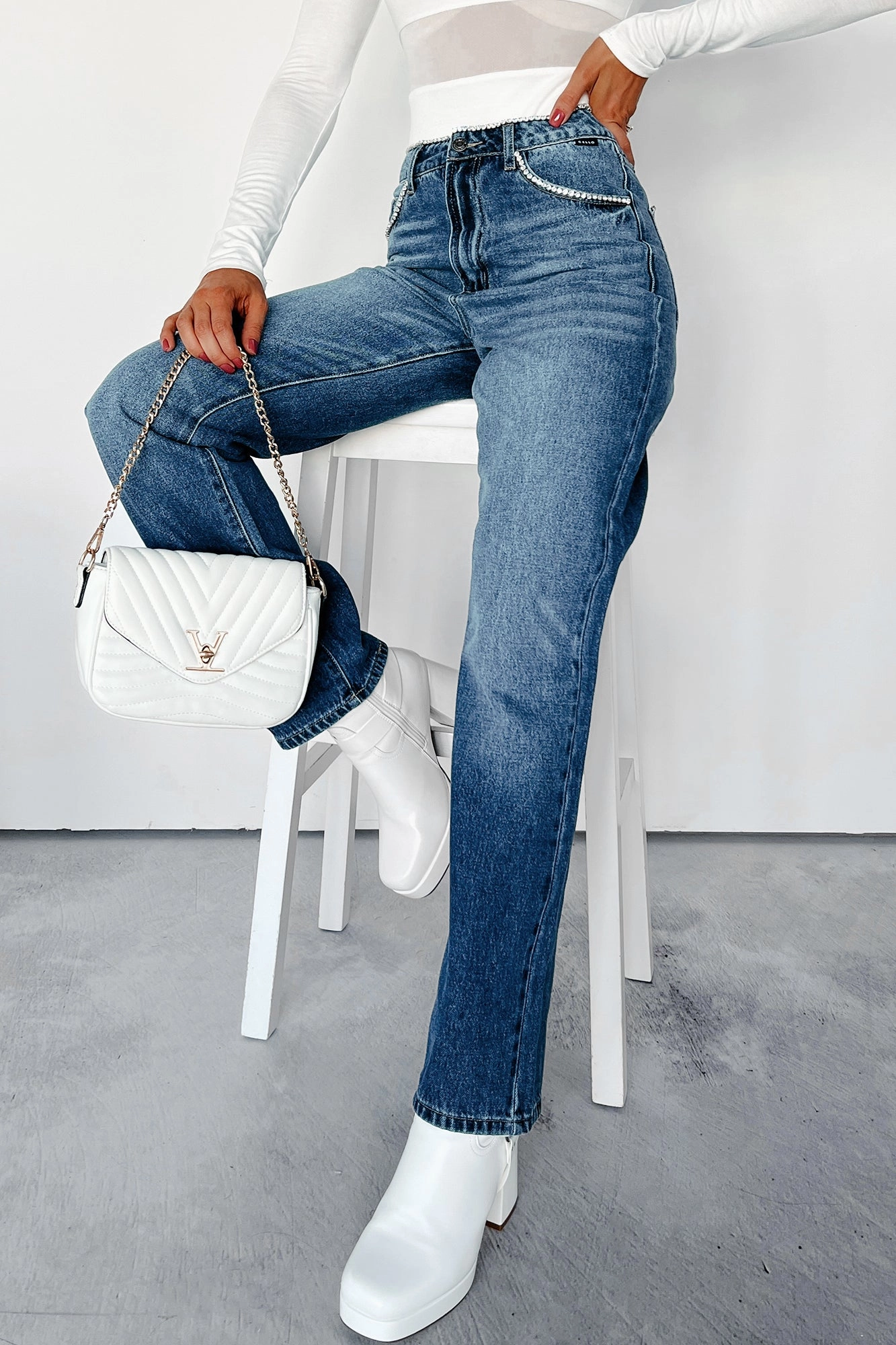 Chilly Weather Comfort Danson Rhinestone Embellished Cello Dad Jeans (Dark)