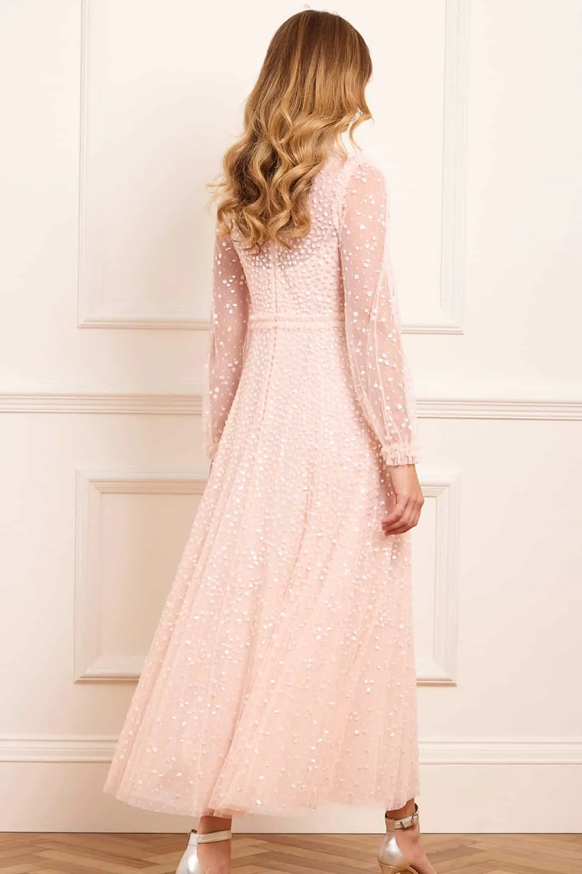 WaterRepellentCoating Subtle pattern Dappled Sequin Long Sleeve Ankle Gown