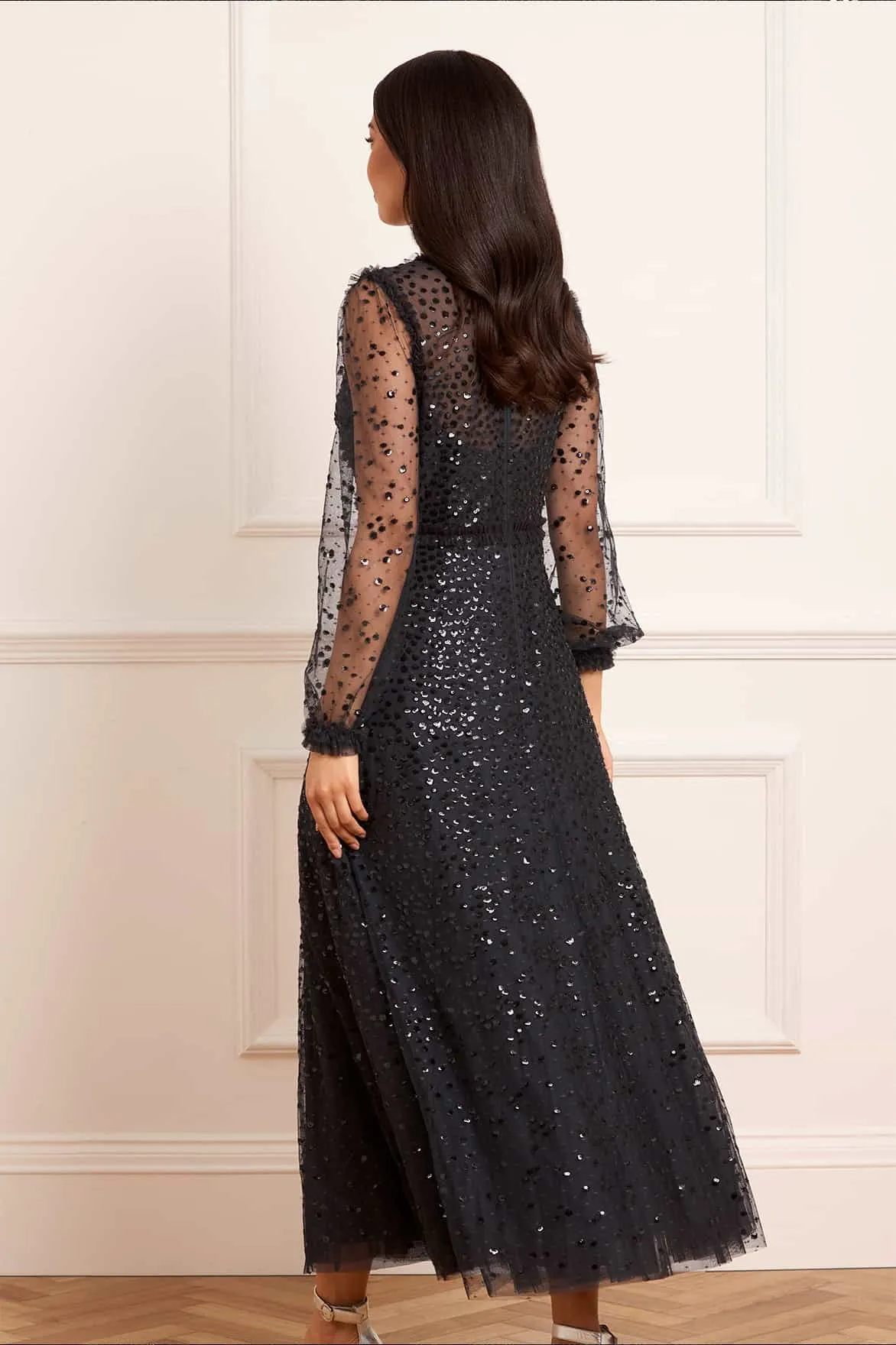 SustainableCotton Dappled Sequin Long Sleeve Ankle Gown