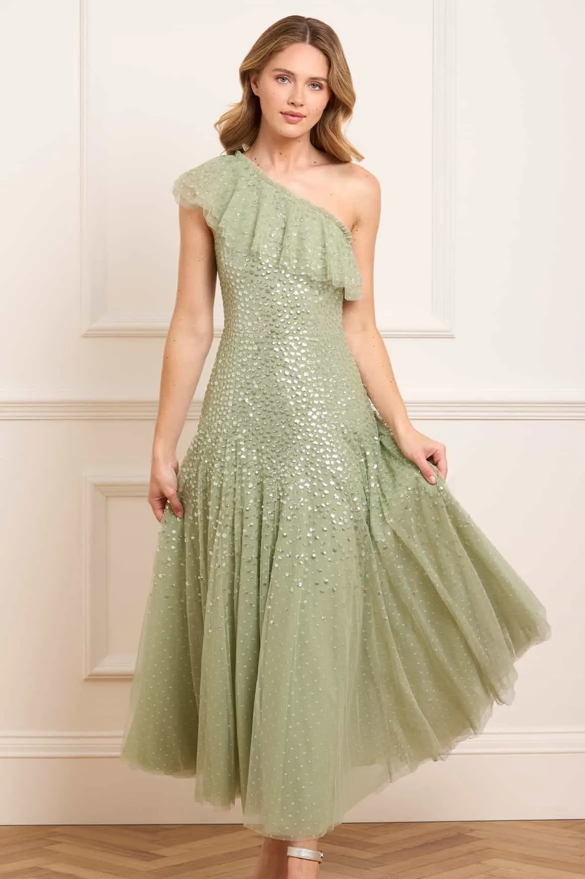 Dappled Sequin One-Shoulder Ankle Gown Open Back Natural Form