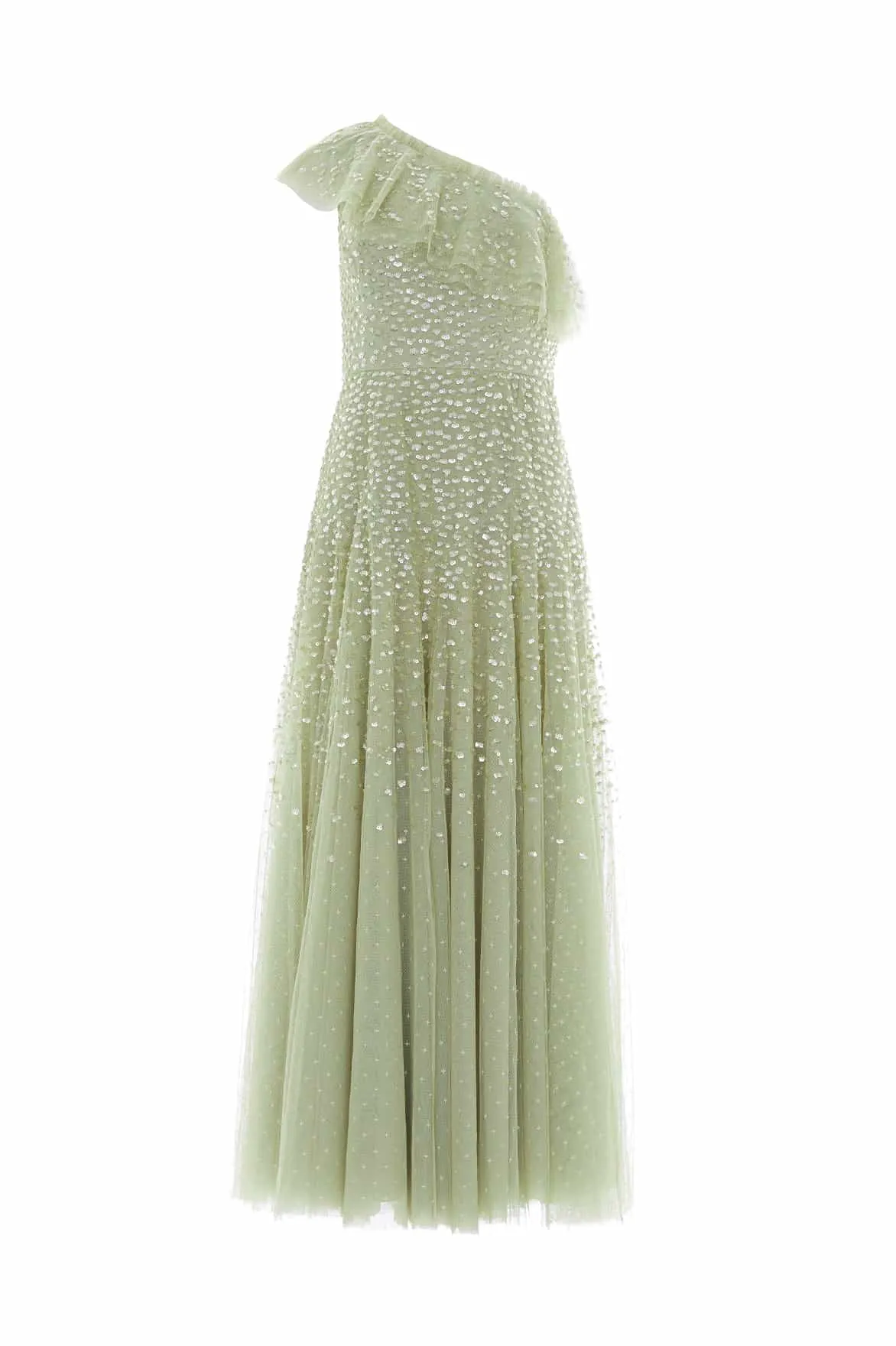 Formal Outfit Feminine empire waist dress Dappled Sequin One-Shoulder Ankle Gown