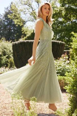Dappled Sequin One-Shoulder Ankle Gown Bow Glow