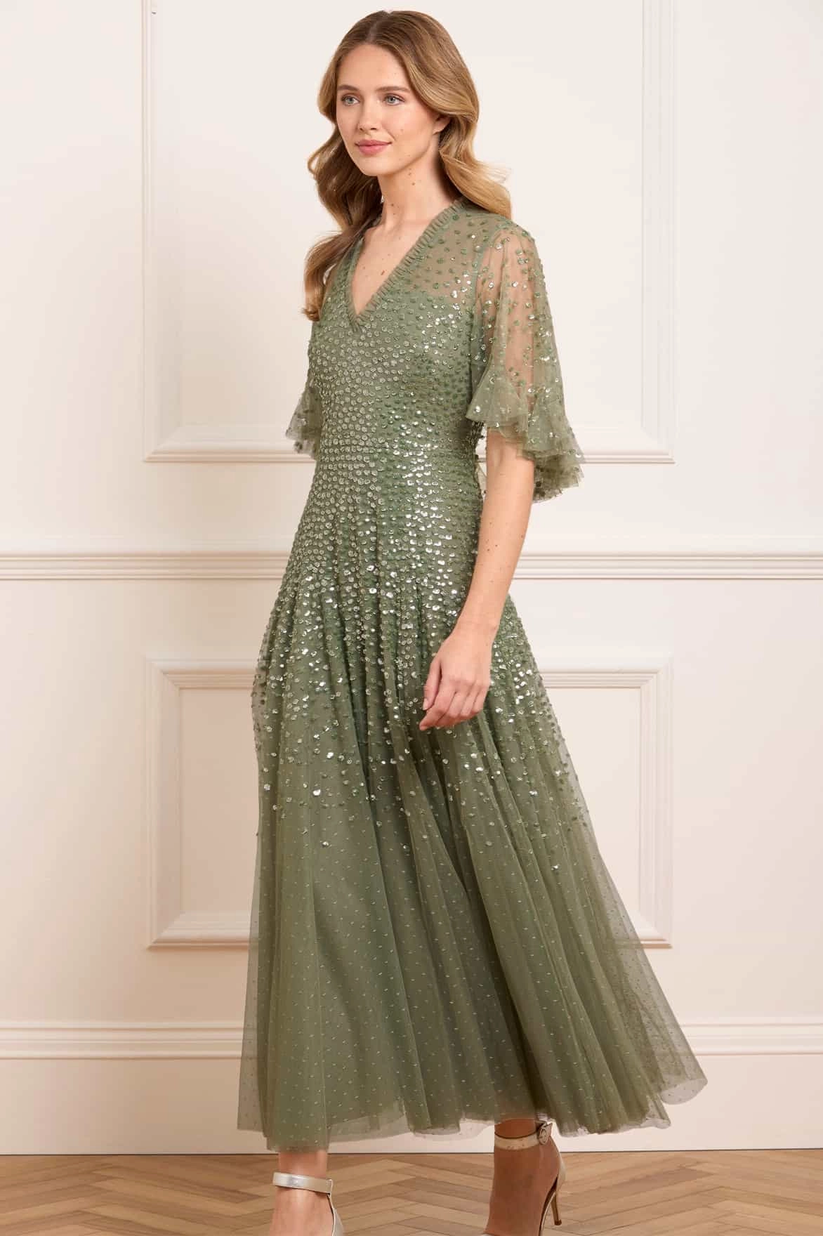 Dappled Sequin Cape Ankle Gown Bishop-Sleeve