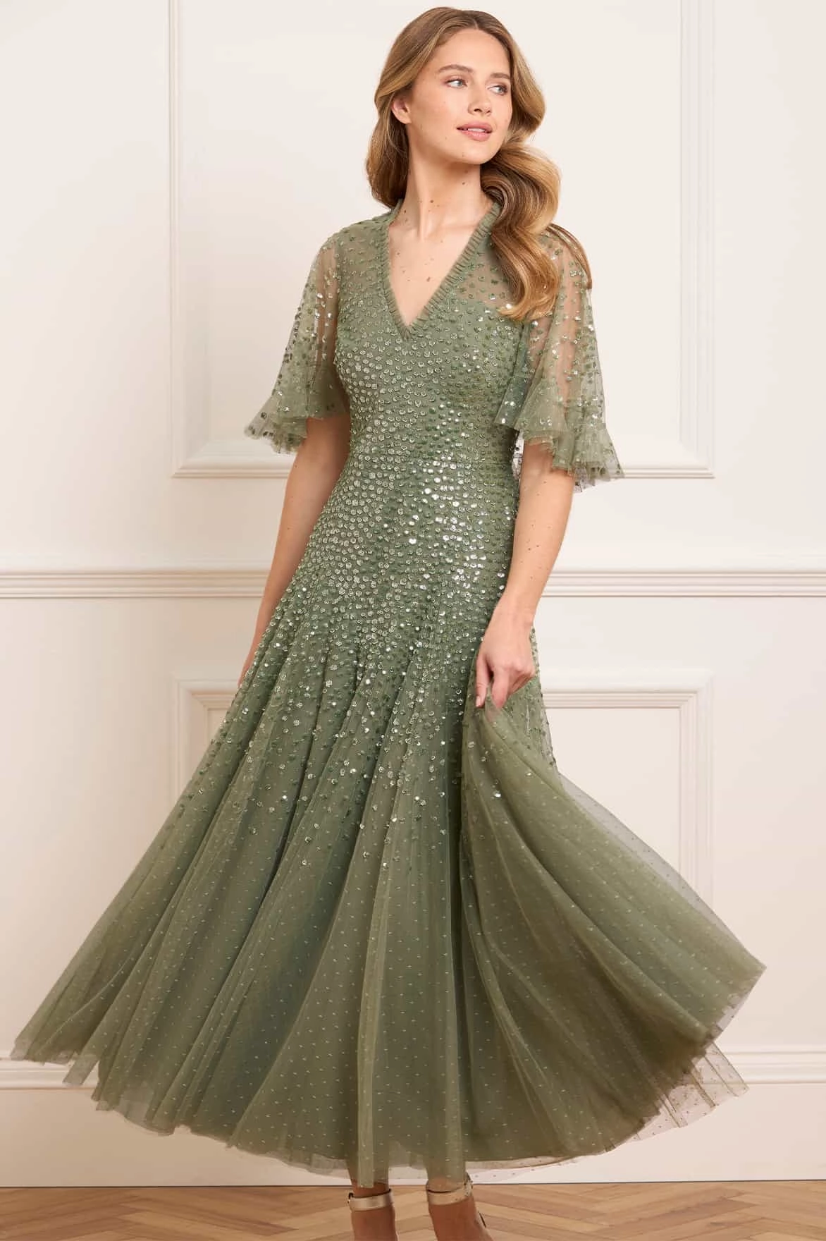 Guest Glam Dappled Sequin Cape Ankle Gown