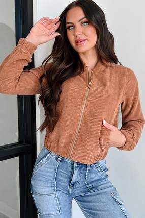 Soft Fleece Interior Dare To Dream Corduroy Bomber Jacket (Cognac)
