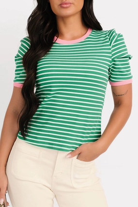 Daring Heart Striped Pleated Sleeve Top (Green/Pink) Breathable Base