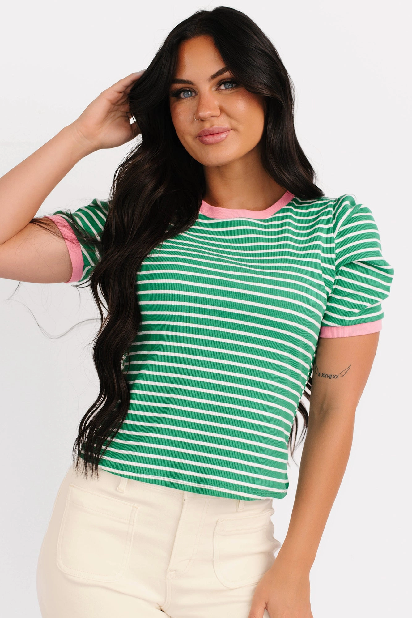 Daring Heart Striped Pleated Sleeve Top (Green/Pink) Anti Bacterial Treatment Contrast Trim