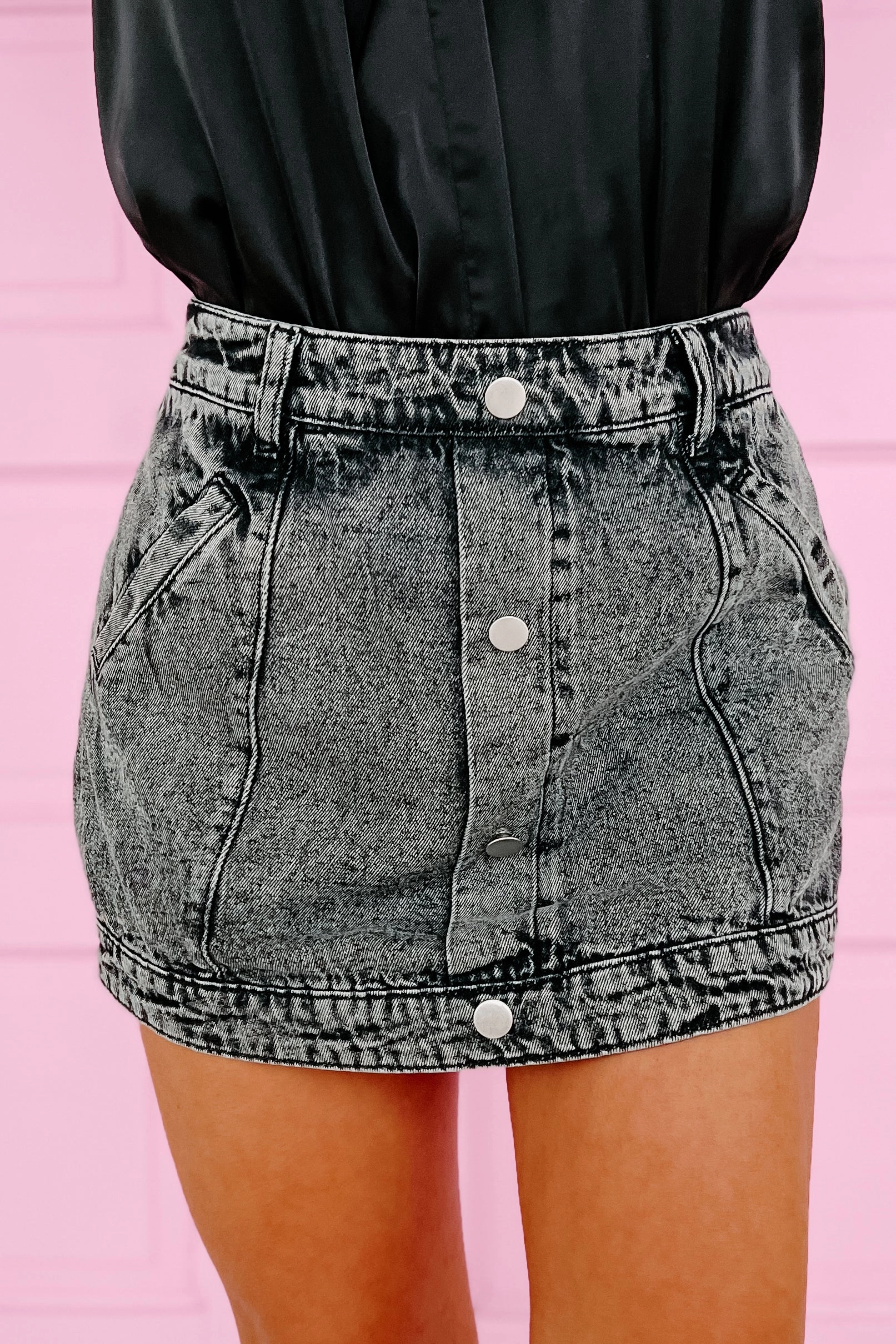 Daxon Denim Mini Skort (Washed Black) Flatlock Stitching Technique