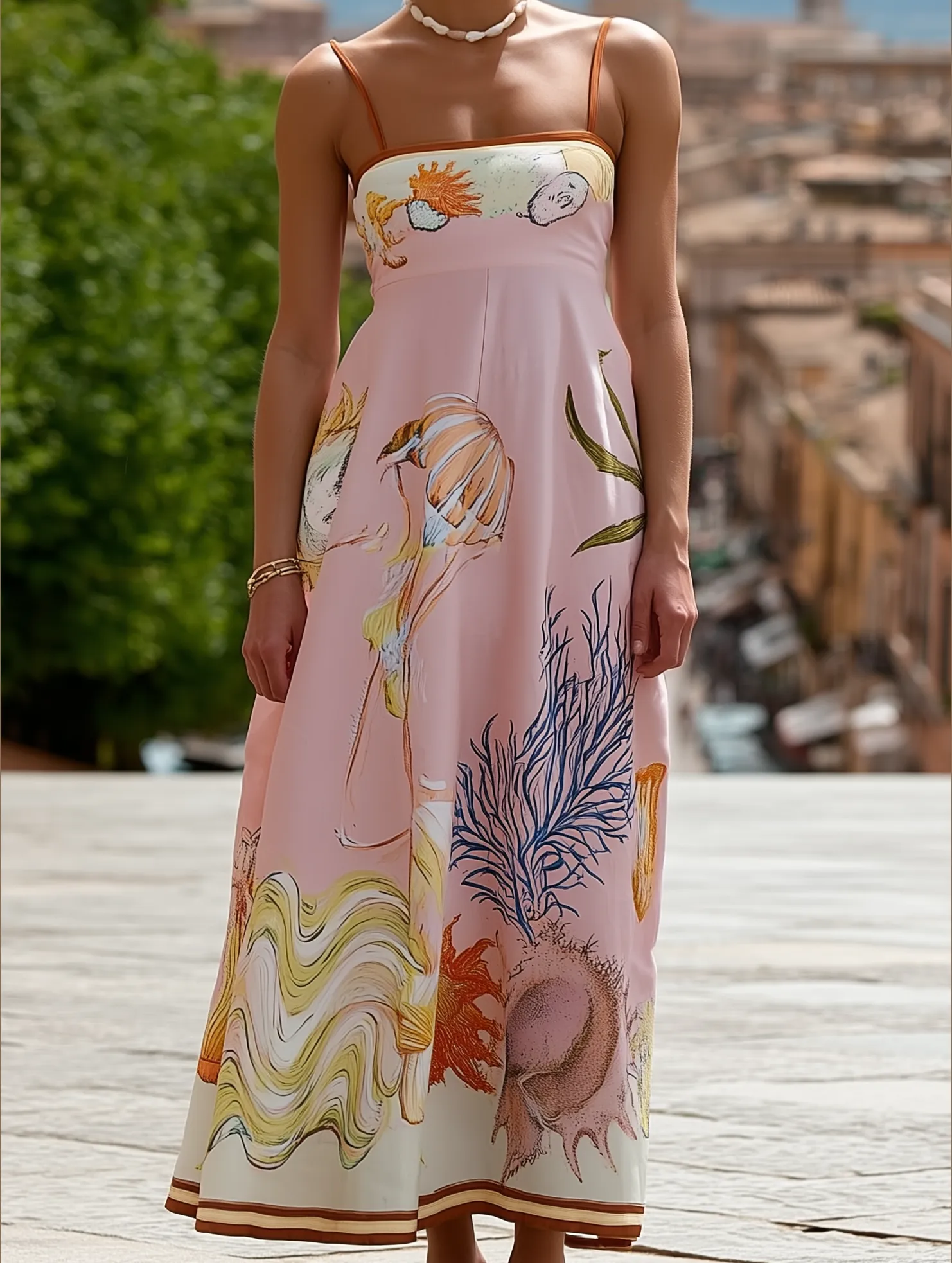 Vilamoura Marine Print Strappy Swing Sundress in Pink ??Summer Flowy Sleeveless Dress and Effortless fit dress.