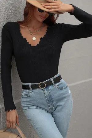 DEEP V NECK CASUAL DAILY KNIT TOP Convertible Collar