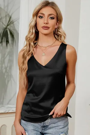 DEEP V NECK SATIN SLEEVELESS TUNIC TOP All Season Wear Fabric