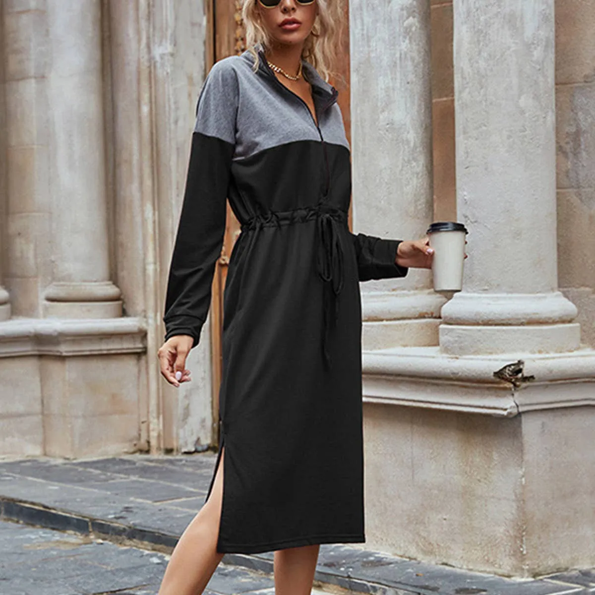 Weekend Chic Bright Mood CASUAL COLOR CONTRAST SPLIT HOODIE DRESS_CWDSD4338