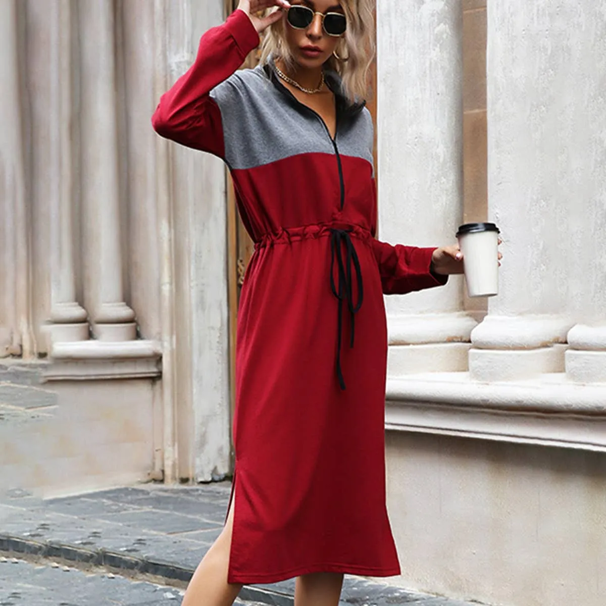 CASUAL COLOR CONTRAST SPLIT HOODIE DRESS_CWDSD4338 Smooth Line Chic Style Wear