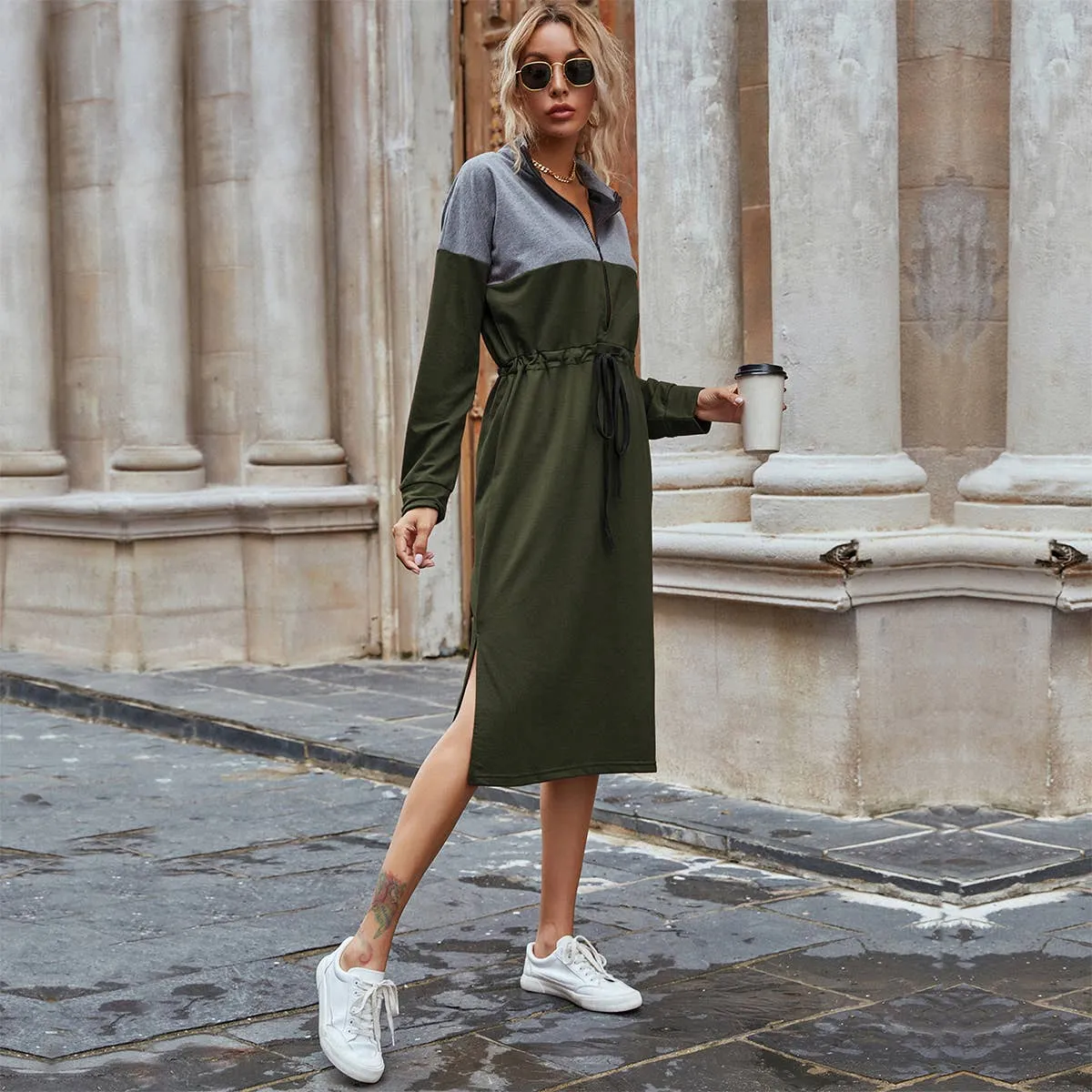 CASUAL COLOR CONTRAST SPLIT HOODIE DRESS_CWDSD4338 Event Safe Fit Focused