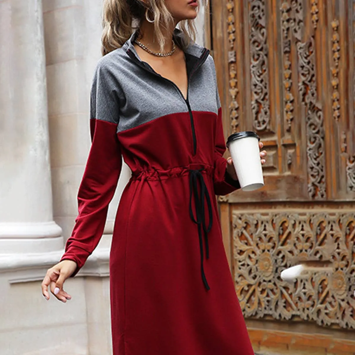 CASUAL COLOR CONTRAST SPLIT HOODIE DRESS_CWDSD4338 Modern Silhouette