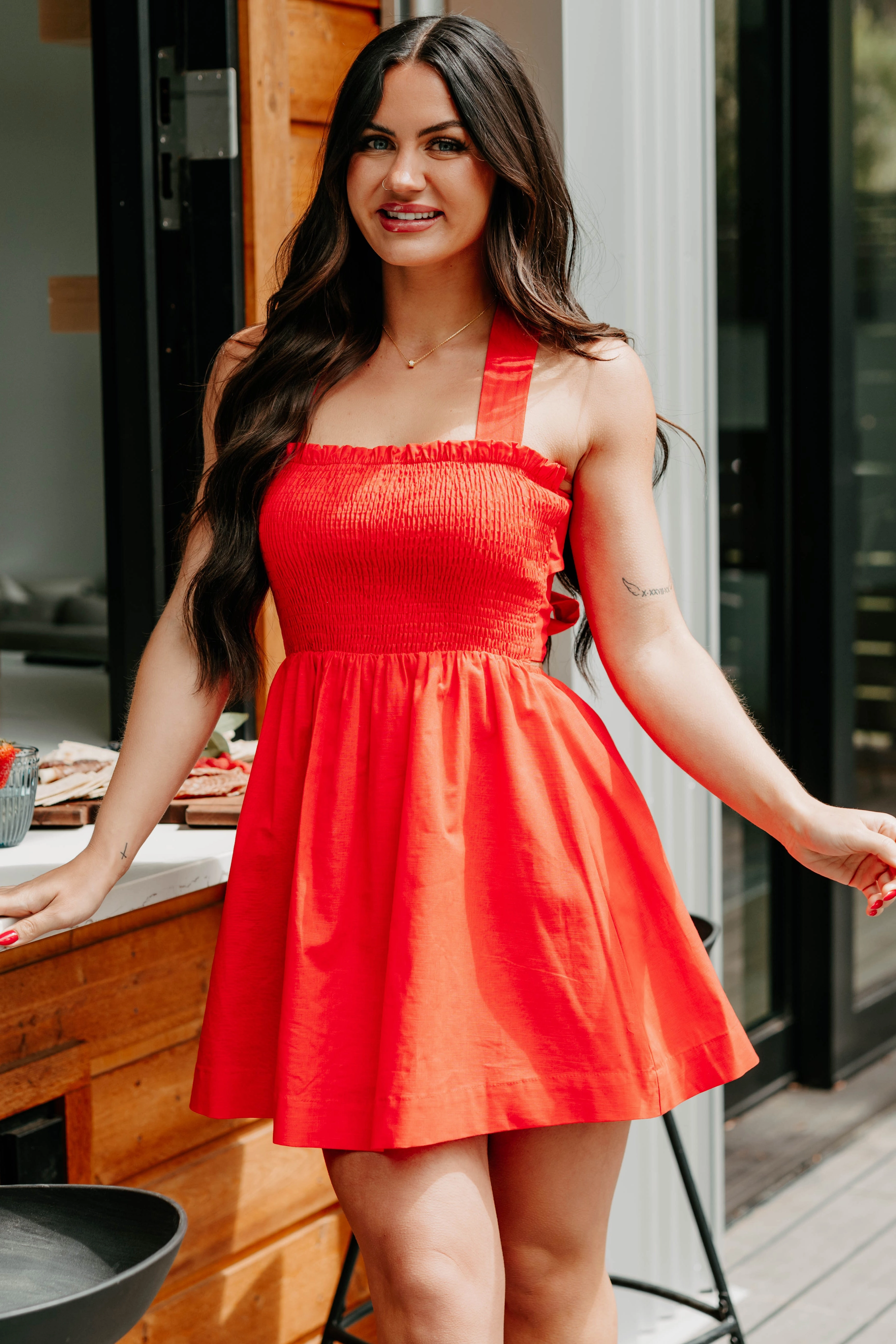 Silky Form Fall Tone Across The Room Smocked Mini Tie Dress (Tomato)