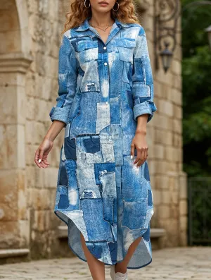 Denim Print Button-Down Shirt Dress Fold-Over-Detail Daily Chic