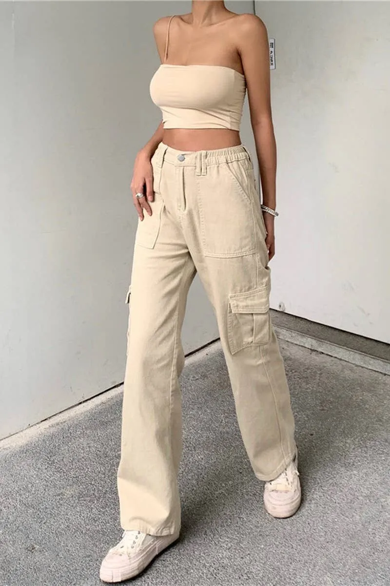 DENIM SEMI ELASTIC DESIGN CARGO PANTS_CWJP0180 Cozy Fit Side Pockets
