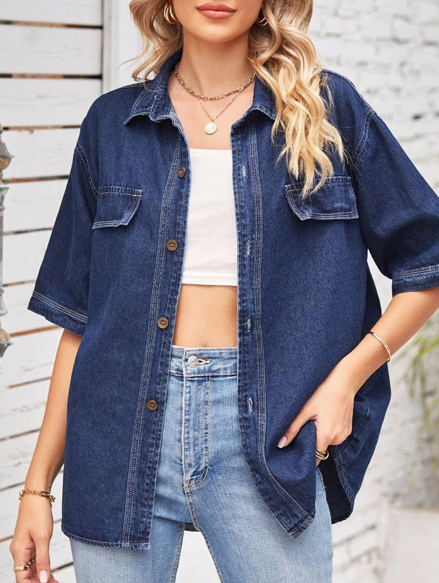 DENIM SINGLE BREASTED SHORT SLEEVE CASUAL SHIRT_CWTSTS0247 Contrast Stitching