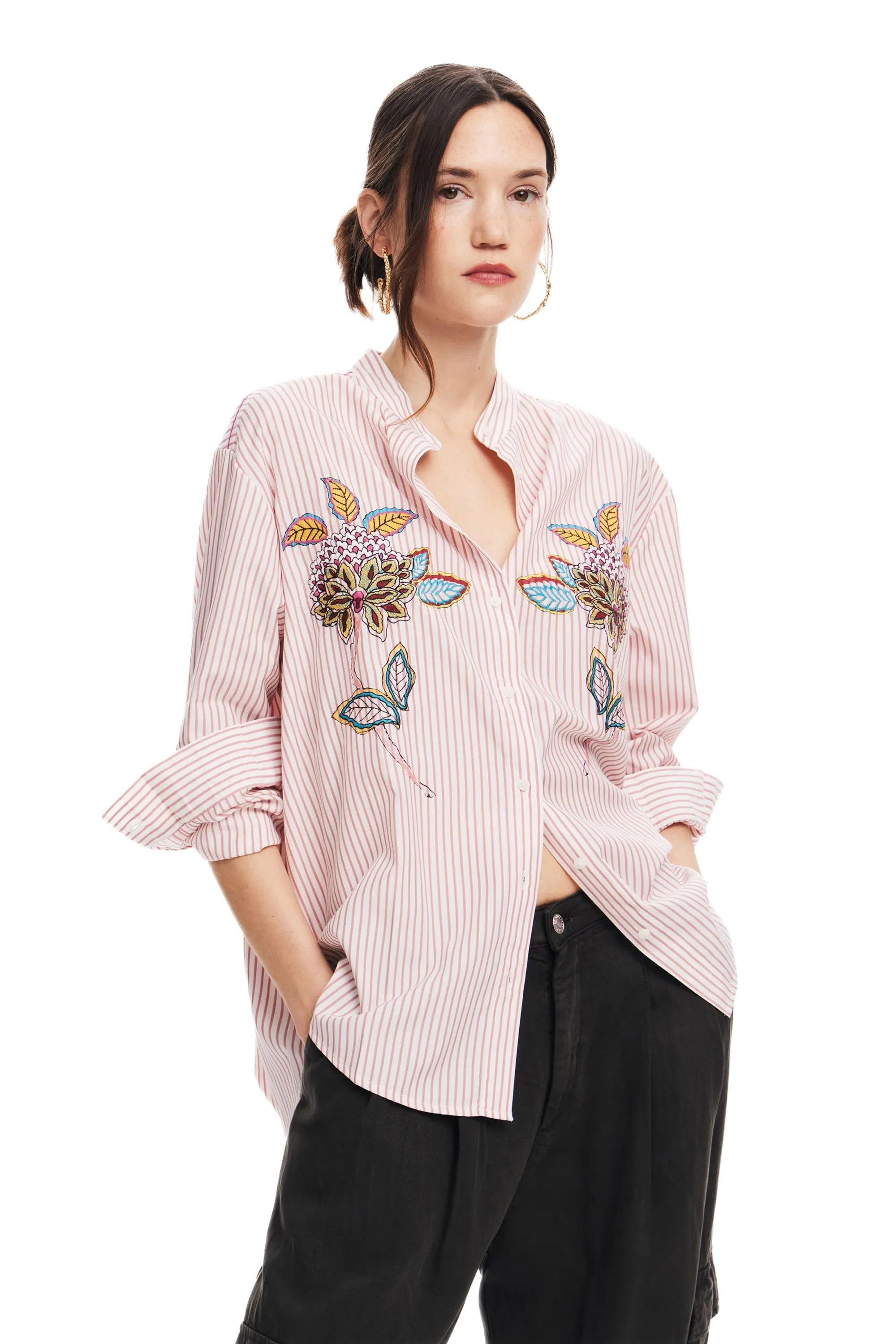 Desigual Nagano Pink Striped Shirt with Flowers 24WWCW40