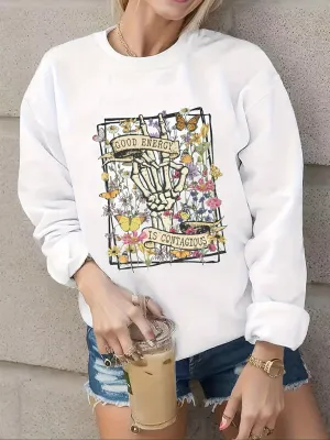 Destinee New Fashionable Loose Sports Casual Long-Sleeved Printed Skull Sweatshirt