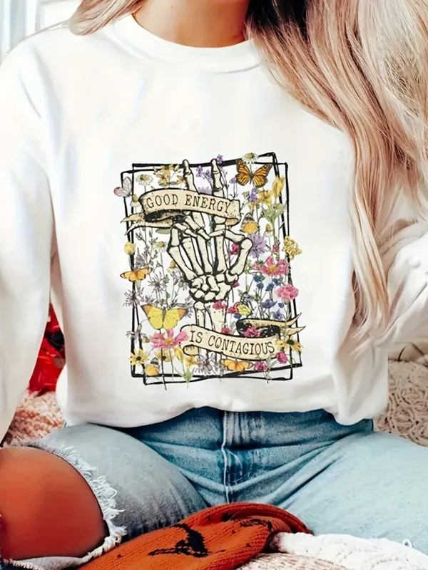 Destinee New Fashionable Loose Sports Casual Long-Sleeved Printed Skull Sweatshirt
