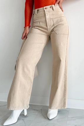 Tough Materials Stay Dry Destry High Waisted Wide Leg Jeans (Beige)