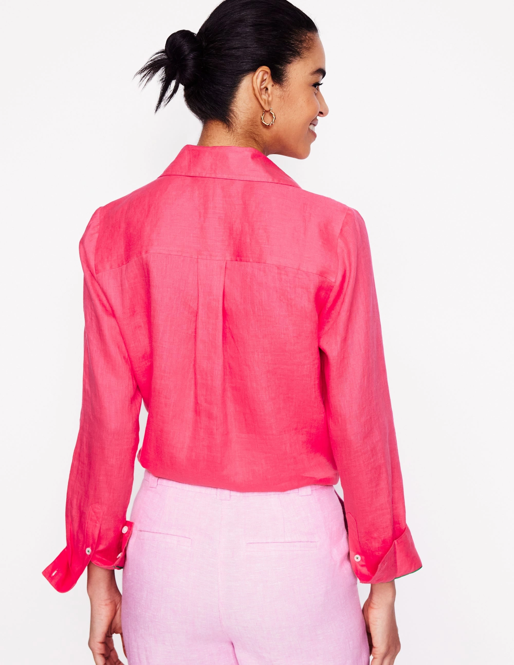 Regular Fit High Neck Design Sienna Linen Shirt-Camelia Pink