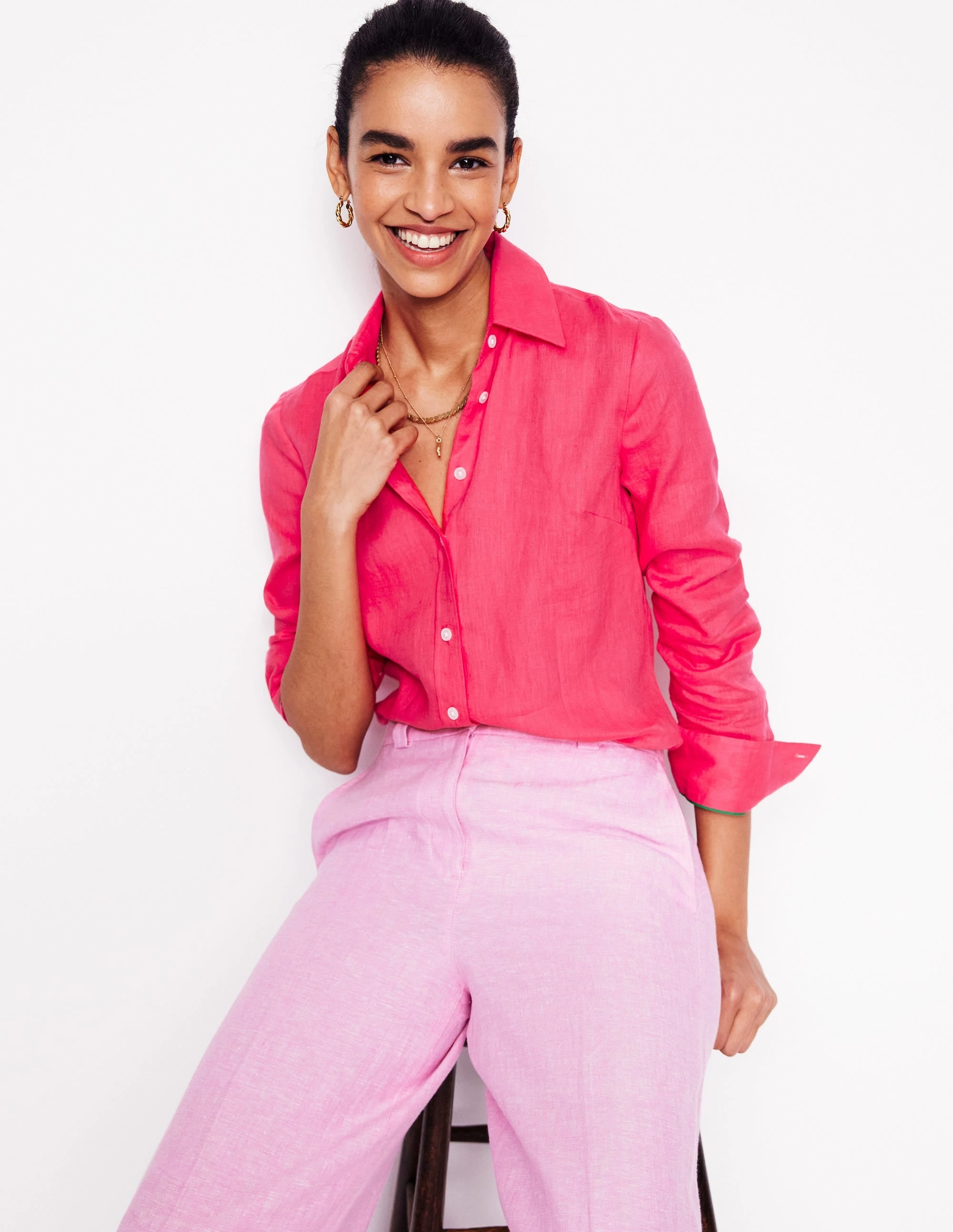 LoopwheelFabric Airflow Weave Pattern Sienna Linen Shirt-Camelia Pink