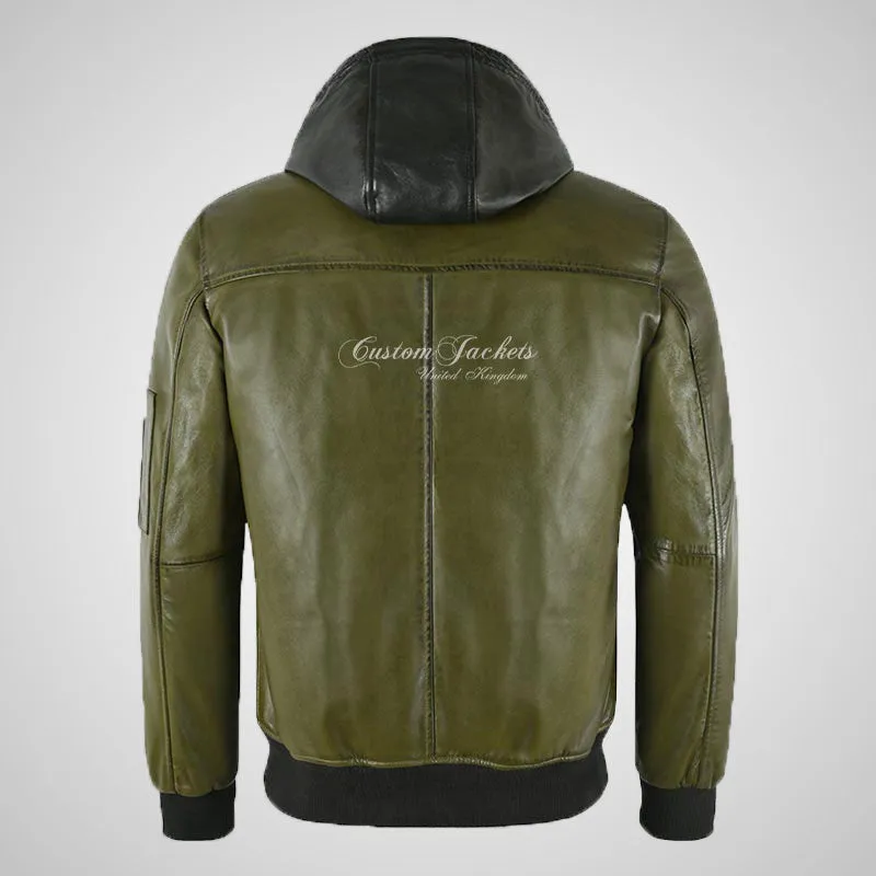 DI MARCO Mens Hooded Leather Jacket Removeable Hood Bomber Jacket Olive