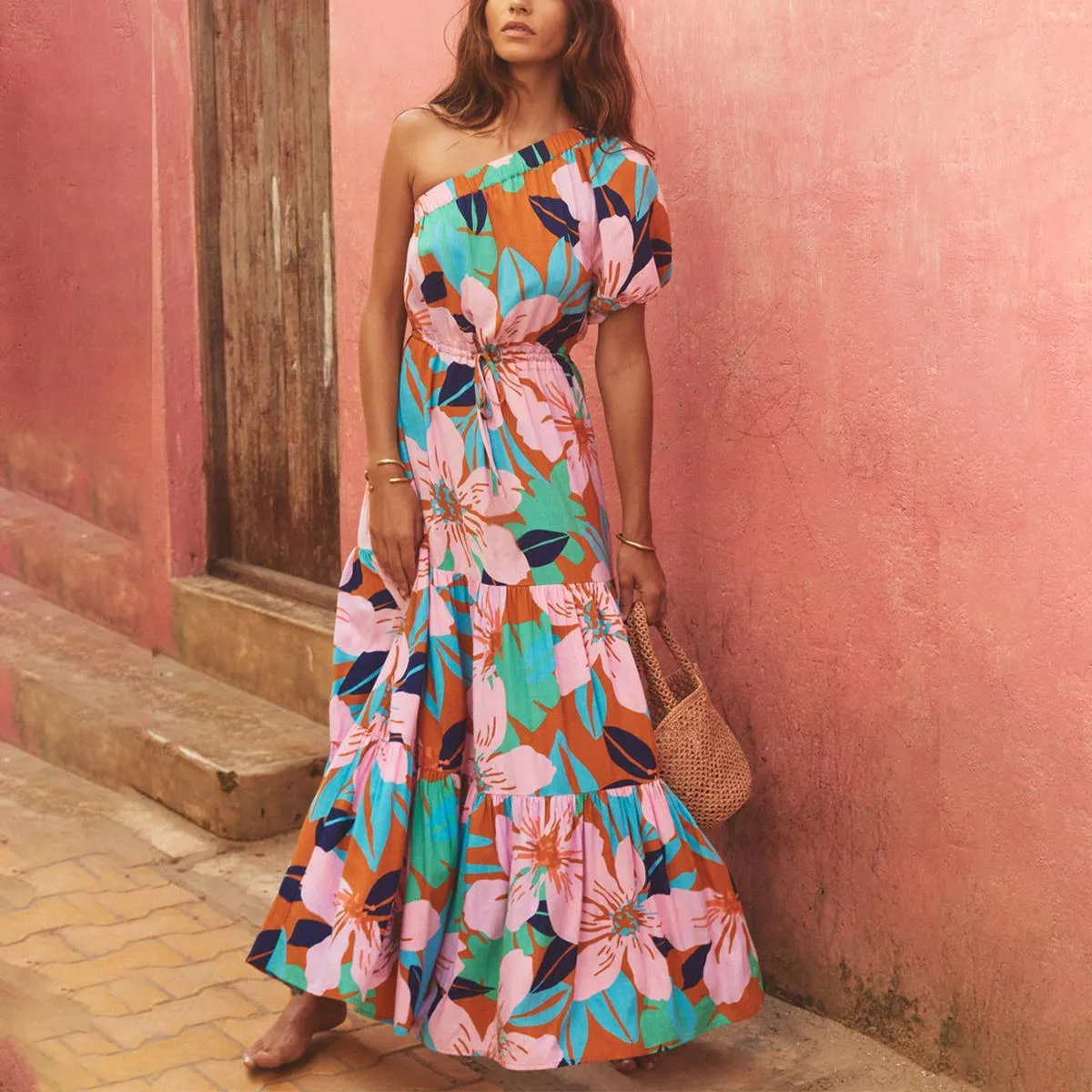 DIAGONAL SHOULDER HOLIDAY FLORAL DRESS_CWDMD1828 Easy Layering Piece