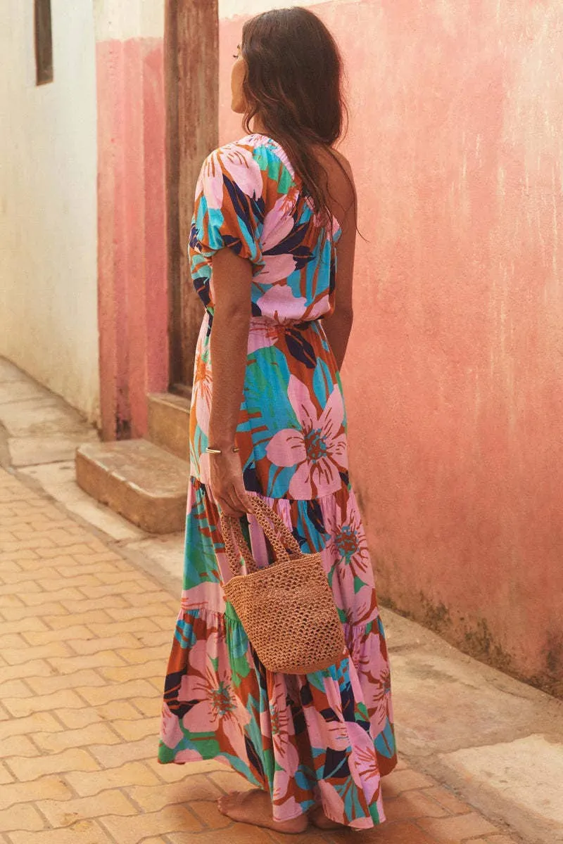 Romantic Soft Natural Feel DIAGONAL SHOULDER HOLIDAY FLORAL DRESS_CWDMD1828